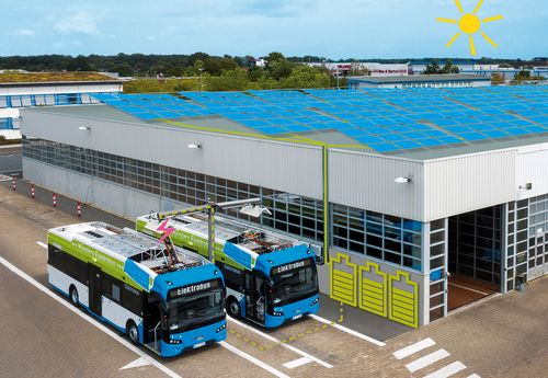 Schaubild zeigt den Stromfluss von der Fotovoltaikanlage über einen Batteriespeicher in die Elektrobusse